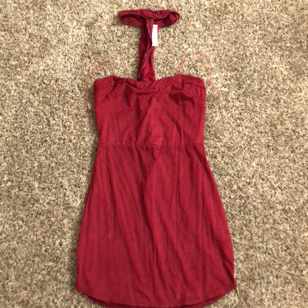Red strapless dress with neck strap